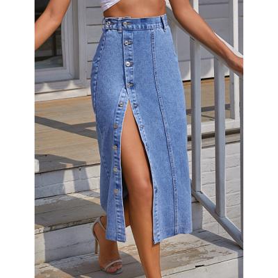 China Newest Design Women's Breathable Buttons Split Midi Lattice Denim Skirt Young Girls Street Style Clothes for sale