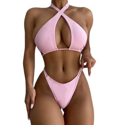 China High Quality Cross Straps High Quality Breathable Halter&Lace Up Solid Color Swimwear Bikini Suit for sale