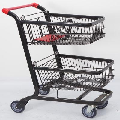 China Unfolding Commercial Double Trolley Cart Shopping Basket Two Layers for sale