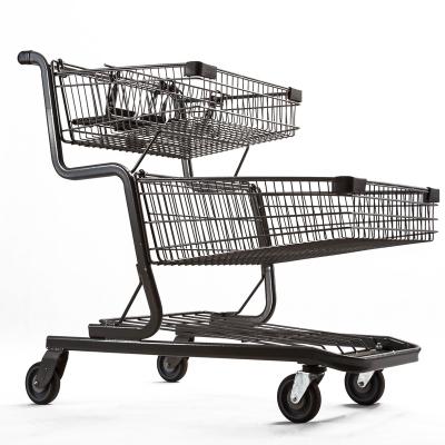 China Unfolding Double Layer Trolley Metal Supermarket Store Shopping Trolley for sale