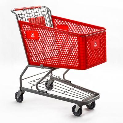 China Durable Fashionable Plastic Basket Metal Trolley Supermarket Shopping Trolley for sale