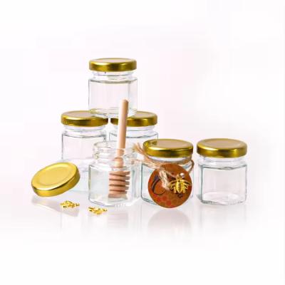 China Custom Label Hexagon Shape 100ml 180ml 380ml Honey Glass Jar For Olive Fruit Jam for sale