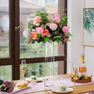 China Vaso de vidrio transparente de flores de cilindro hidropónico para decoración de hotel Ceremonia de bodas en venta