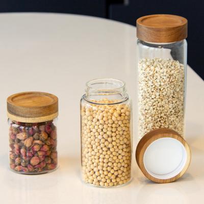 China Food Container Spice Glass Container Jars Kitchen Borosilicate With Wood Lid for sale