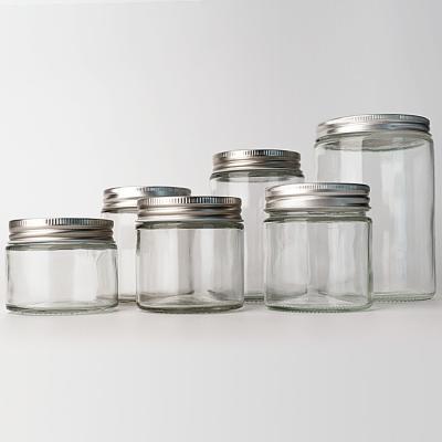 China Empty Clear Glass Round Straight Side 4oz 8oz 12oz 20oz Glass Jar Food Container With Deep Metal Lid for sale