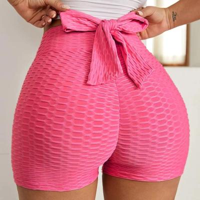 China Quick Dry High Waist Yoga Sports Workout Shorts Bow Tie Textured Butt Lifting for sale