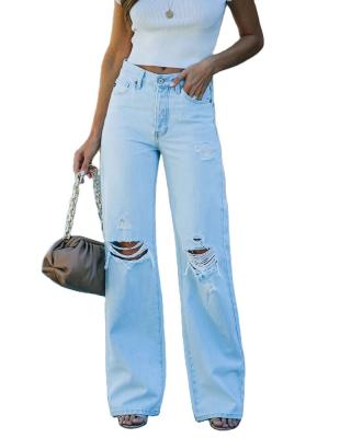 China 2021 summer causal broken hole QUICK DRY straight pants washed jeans for women for sale