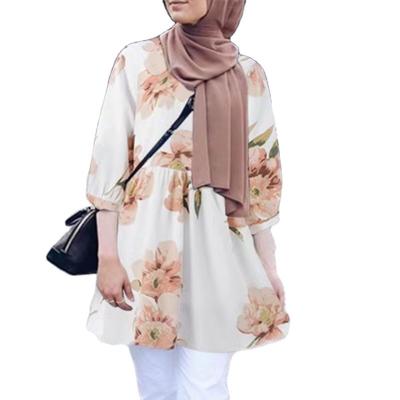 China New Breathable Islamic Clothing Women Round Neck Spring Medium Sleeve Printed Long Islamic Shirts Round Neck Muslim Women Casual Shirt for sale