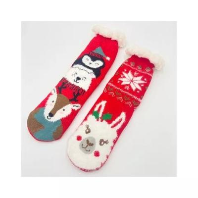 China 2022 New Girl Christmas Red QUICK DRY Socks Lamb Shear Rubber Striped Thick Socks Bottom Non Slip Socks for sale