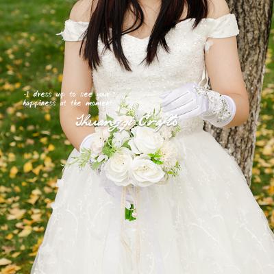 China Satin wedding bride holding flower bouquet simulation flowers wedding props ribbon bridesmaid turnout shooting flowers rose for sale