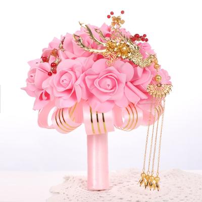 China Romantic Artificial White Ivory Satin Flowers Bridal Hand Holding Rose Wedding Bouquet for sale