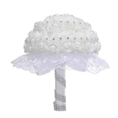 China Romantic Artificial White Ivory Satin Flowers Bridal Hand Holding Rose Wedding Bouquet for sale