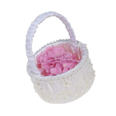 China European Romantic Wholesale White Elegant Ribbon Bow Wedding Accessories Beads Bride Girl Flower Basket for sale