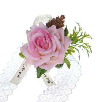 China Wholesale Wedding Gift Wedding Party Decorative Flower Wrist Artificial Bridal Flowers With Elastic Band Bridal Hand Flower for sale