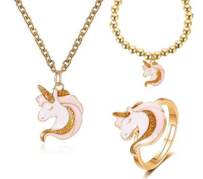 China Wholesale Hot Cute Unicorn Necklace Elastic Bracelet Ring Jewelry New Exaggeration Cartoon Jewelry for sale