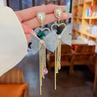 China Fashionable Stunning FAIRY BLUE FAIRY BLUE Earrings Butterfly Gauze Long Tassel Earrings 2022 New Light Luxury Celebrities Love Crystal Earrings for sale