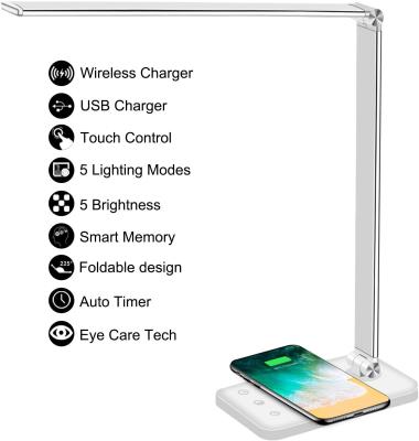 China Modern LED Table Eye-Care Lamp with USB Port Dimming LED Desk Lamp with Fast Wireless Charger for sale