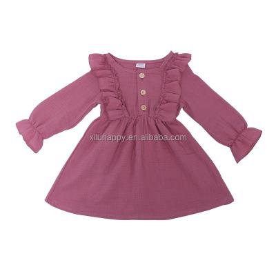 China Autumn Boutique Baby Dress Light Breathable Purple Solid Color Slightly Ruffled Neck Round Girl's Long Sleeve Dress for sale