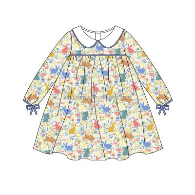 China Baby Washable Wholesale Boutiques Long Sleeve O-Neck Floral Printed Baby Girl A-Line Ribbed Dresses for sale