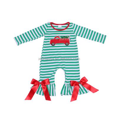 China Sleeeves summer boutique long baby romper striped car embroidery romper long sleeve bow baby romper for sale