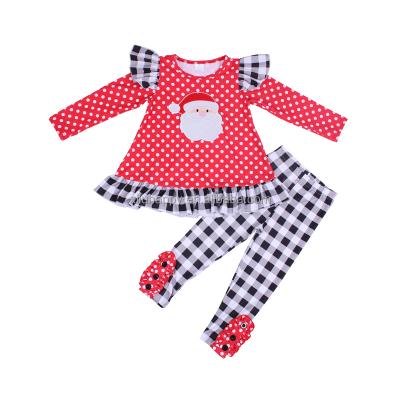 China Milk New Silk Outfits Santa Applique Long Sleeve Polka Dot Pattern Top Ruffle Girls Kids Christmas Costume for sale