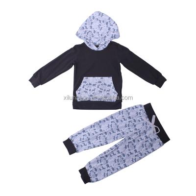 China Fashion Autumn Boutique Children's Costume Sweater Light Sweater Cartoon Print Black Hooded Pants Fits Long Sleeve Baby Costume for sale