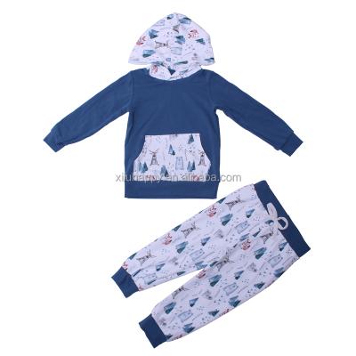 China Fashion Autumn Boutique Children's Costume Blue Hooded Sweater Cartoon Printed Pants Suit Long Sleeve Baby Costume for sale