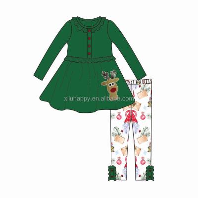 China Long Sleeve Ruffle Print Casual Clothes Set Boutique Kids Christmas Day Limited Design Girl Clothes Set for sale