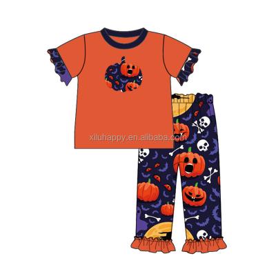 China Halloween Pumpkin Print Fashion Casual Shorts Sleeve Boutique Design Girls Clothes Set Casual Hot Selling for sale