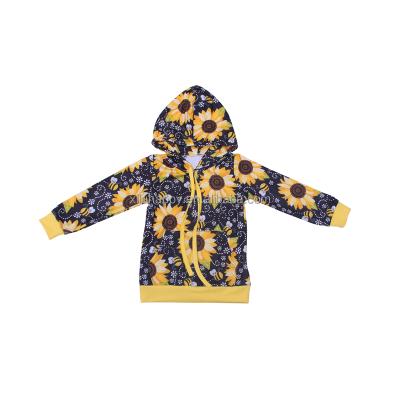 China Breathable Hot Sale Boutique Baby Hoodies Yellow Sunflower Printed Hoodies Long Sleeve Hooded Baby Hoodies for sale