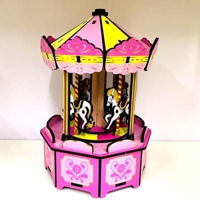 China Laser Cut Maker Custom 3D DIY Puzzle Eco-friendly Birthday Gifts For Kids Lover Adult Operated Wooden Carousel Hand Crank Music Box for sale