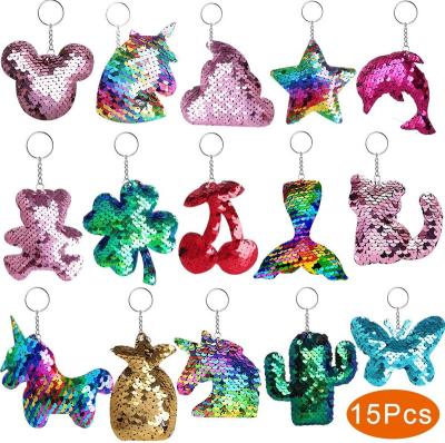 China 15pcs Different Designs Sequin Keychains Mermaid Tail Animal Fruit KeyChain For Birthday Party Return Gift Favors for sale