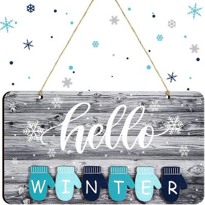 China Hello Winter Snow Wall Christmas Wooden Sign Winter Wall Hanging Plaque wooden sign hanging for sale