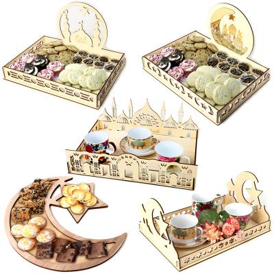 China Islam Muslim Eid Mubarak Ramadan Party Serving Dessert Mosque Tray Wooden Eid Mubarak Dessert Tray for sale