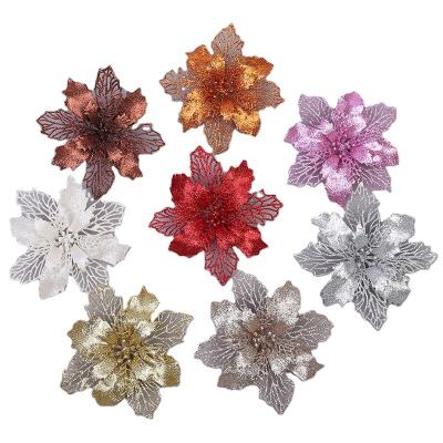 China christmas flowers christmas tree ornament Mesh Holly Leaf Artificial Poinsettia Flowers Winter Wedding Holiday Decoration for sale