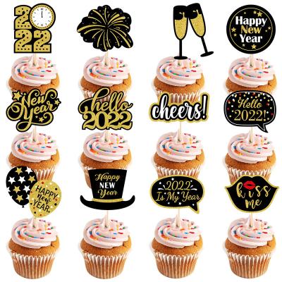 China Gold Glitter 2022 Happy New Year Cake Cupcake Dessert Toppers Holiday Favors Ceremony Party Decorations for sale