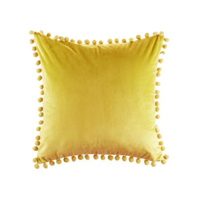 China Wholesale Viable Sofa Decor Velvet Throw Cushion Soft Square Tile Cover With Pompoms Balls For Decorative Car Living Room for sale