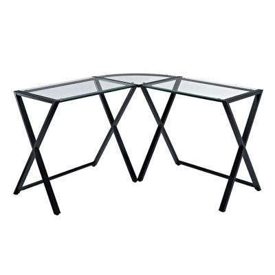 China Eco-friendly L Shape X Structure Glass Computer Table Corner Table Study Computer Desk for sale