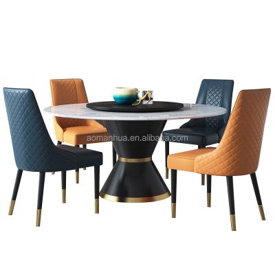 China Modern Contemporary Simple Style Dining Table Set Marble Stainless Steel With Center Rotating Top Panel Tables Dining Room Furniture for sale