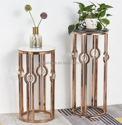 China Living Room Vintage Floor Stand Low Flower Pot Shelf Stainless Steel Flower Display Rack Marble Round Shape Plant Top Rack for sale