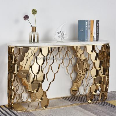 China Good Quality Modern Luxury Gold Steel Marble Base Console Table Top Altar Customized Home Hallway Furniture for sale