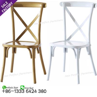 China Contemporary Wholesale Luxury Metal White Gold X Back Crossback Chair Stacking Wedding For Event Reception for sale