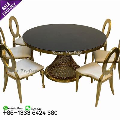 China Modern Manufacturer Direct Cheap Event Stainless Steel Gold Outdoor Round Wedding Dining Table Set 6 Chairs for sale