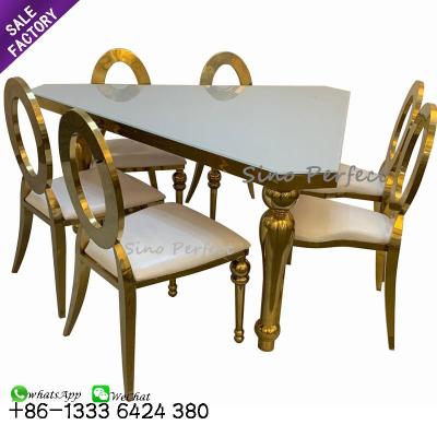 China Modern Luxury White Gold Dining Dinner Wedding Stainless Steel Triangle Table Set With 6 Chairs for sale