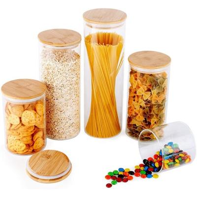 China New Selling 5 Pieces Amazon Container Glass Jars Set Eco-Friendly Airtight Kitchen Bulk Bamboo Lids For Candy Cookie Rice Sugar Flour Pasta Nuts for sale