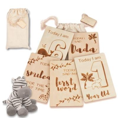 China Milestone Sign Baby Birth Announcement Card Milestone Natural Material High Quality Wooden Newborn Records With Drawstring Bag For Newborn Baby for sale