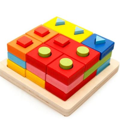 China Eco-friendly Montessori Geometric Shape Sorter Toys Wooden Cube Puzzle Shape Knowledge Blocks Stacking Game for sale