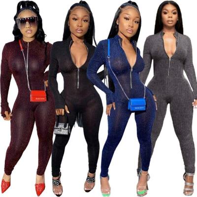 China Women Jumpsuit Long Sleeve Romper Elastic Bodycon Party Bodycon Glitter Sheer Translucent Zipper Zipper Jumpsuit QUICK DRY Women's Clothing for sale