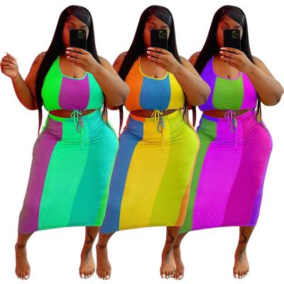 China 2022 Hot Selling Amazon Viable Ribs Sets Plus Size Women Clothing Wholesale Ribs Tops Maxi Skirt Stretch Two Piece Dropshipping Suit for sale