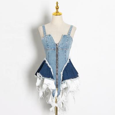 China 2022 new arrivals anti-static Jean Skirts Sleeveless Ripped Blue one piece 2xl plus size vest denim dress women's skirts for sale